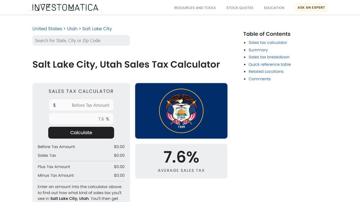 Salt Lake City, Utah Sales Tax Calculator (2022) - Investomatica